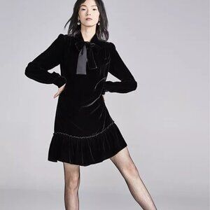 Kate Spade Black Crushed Shift Velvet Dress Bow Tie - Long Sleeves - Small